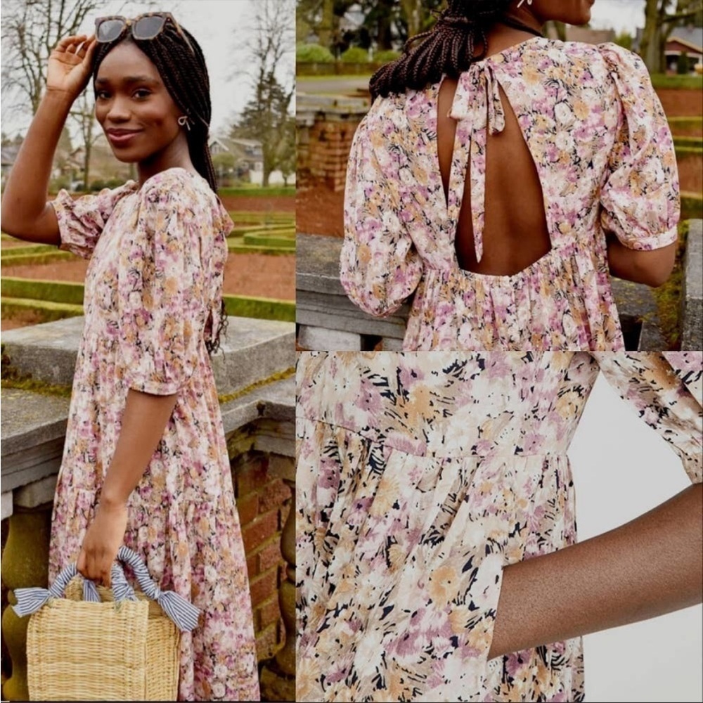 En Saison Jocelyn Floral Midi Dress Open Back Tiered Pink Size Small - Picture 2 of 11